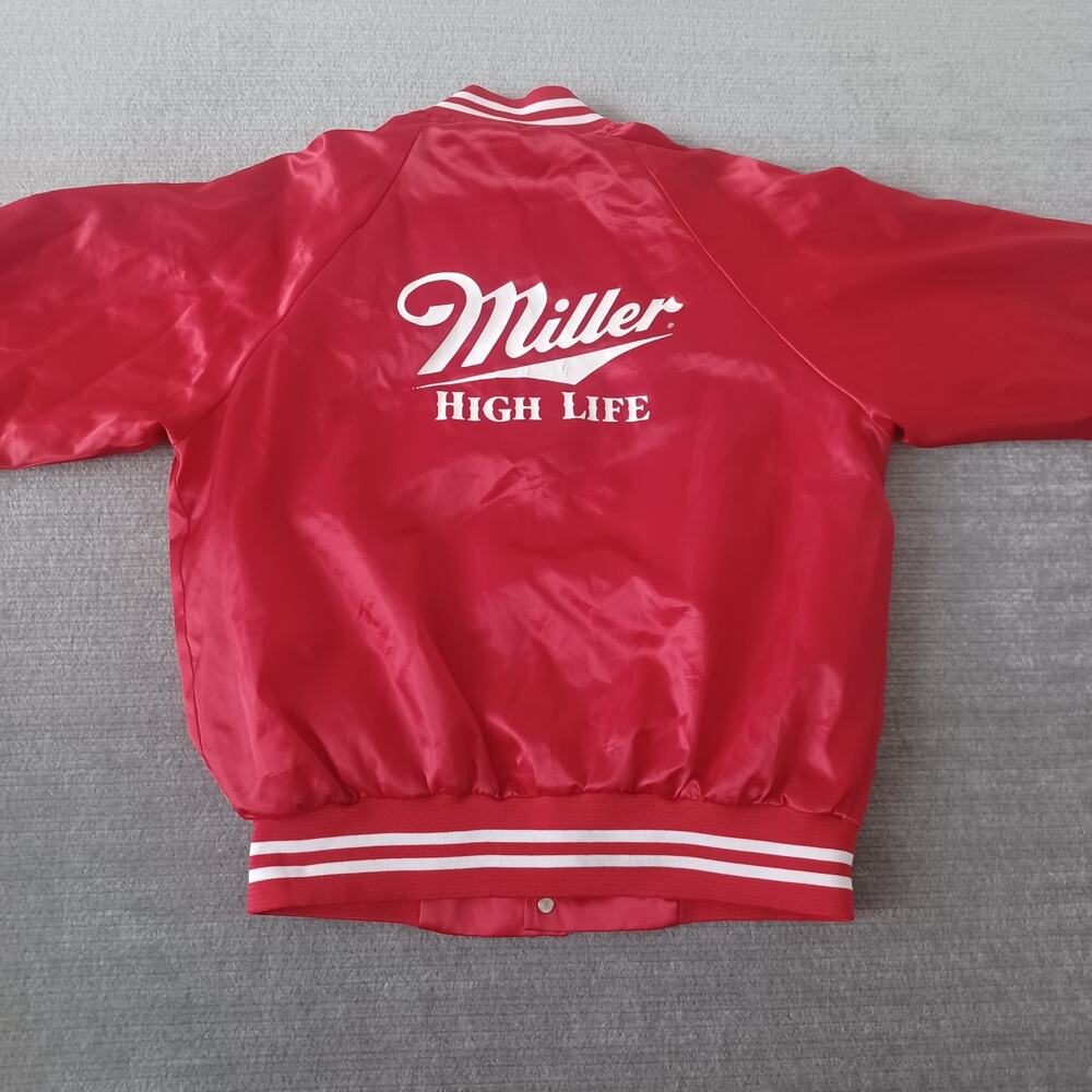 Vintage Miller High Life Satin Jacket Mens Large Red Snap Front Coach Made USA